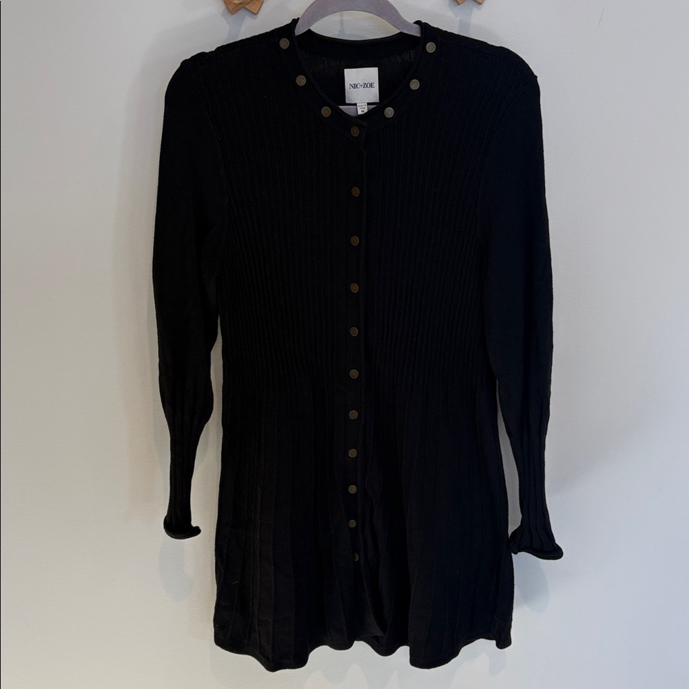 Nic + Zoe Sweater Dress Medium Black Rib Knit Bronze Snap Cotton Blend